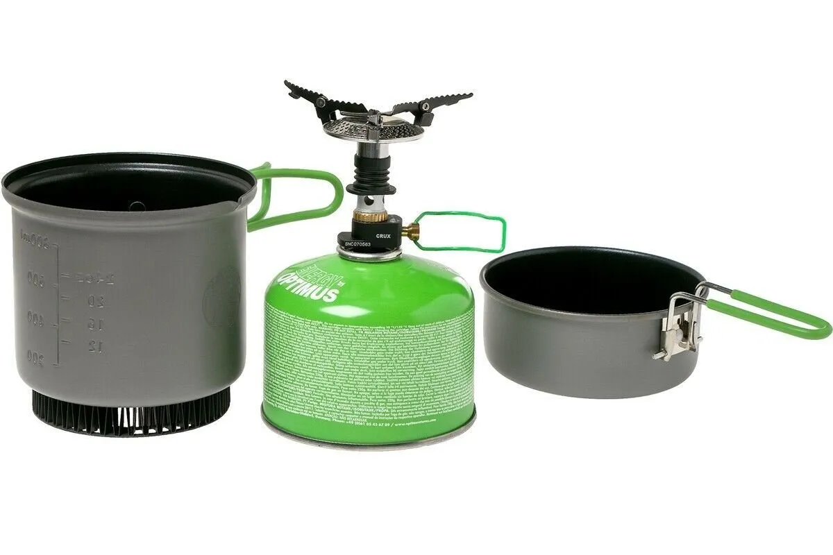 OPTIMUS CRUX WEEKENDER HE Cook System Gas Stove Camping Hiking Woods Burner Pans