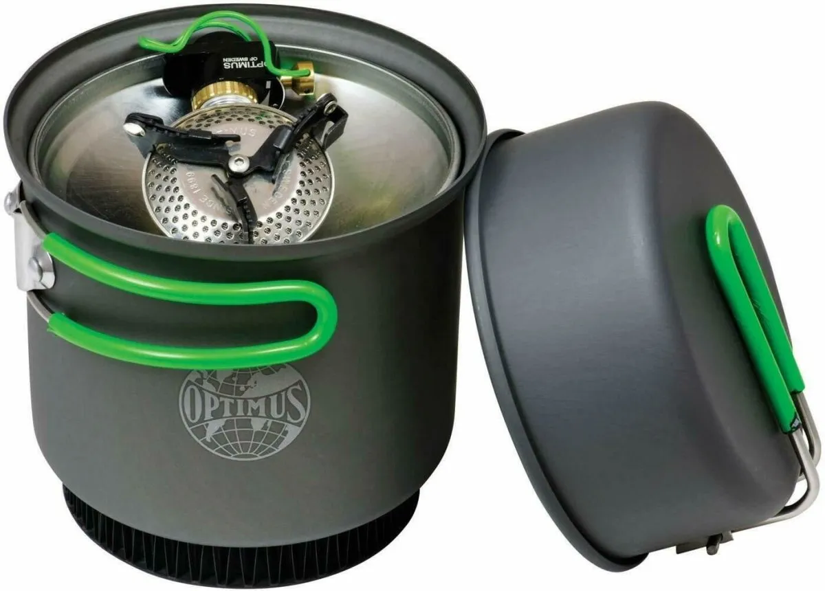 OPTIMUS CRUX WEEKENDER HE Cook System Gas Stove Camping Hiking Woods Burner Pans