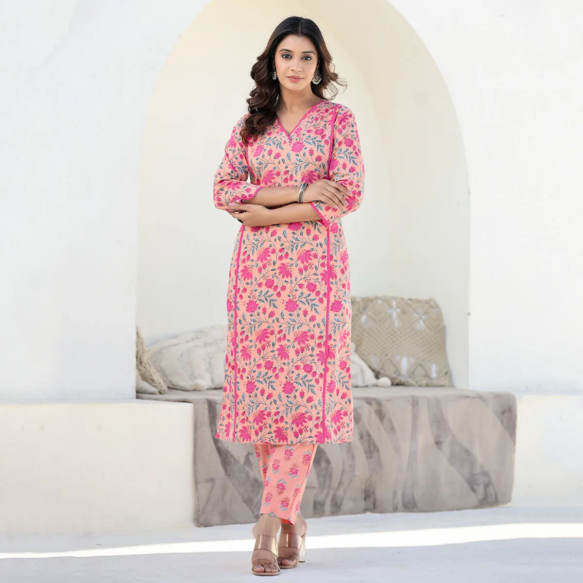 Orange Cotton Straight Suit Set with Dupatta
