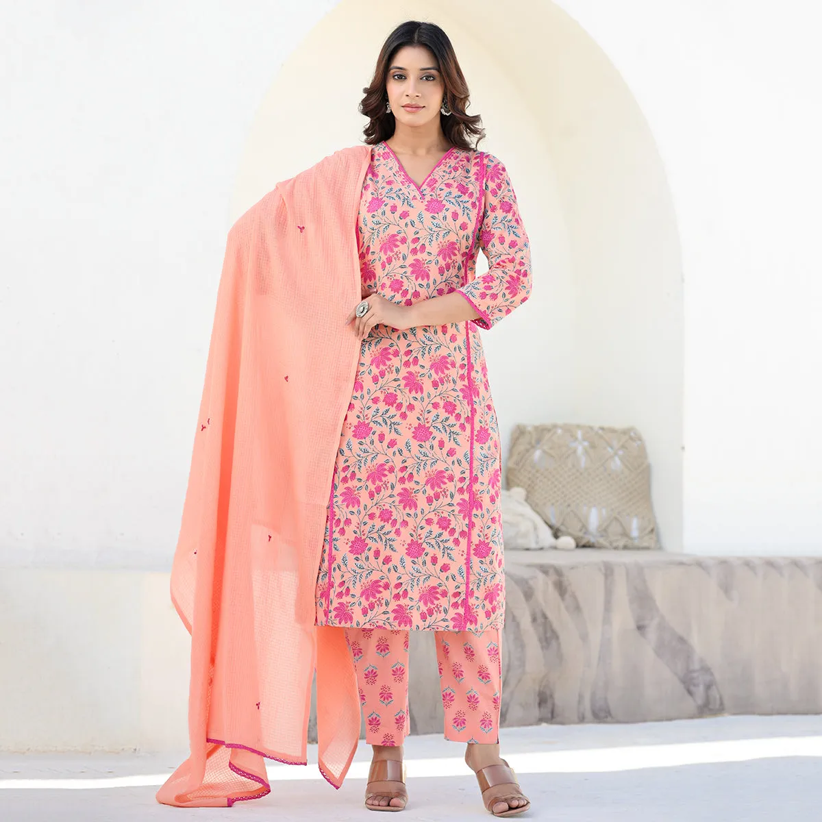 Orange Cotton Straight Suit Set with Dupatta