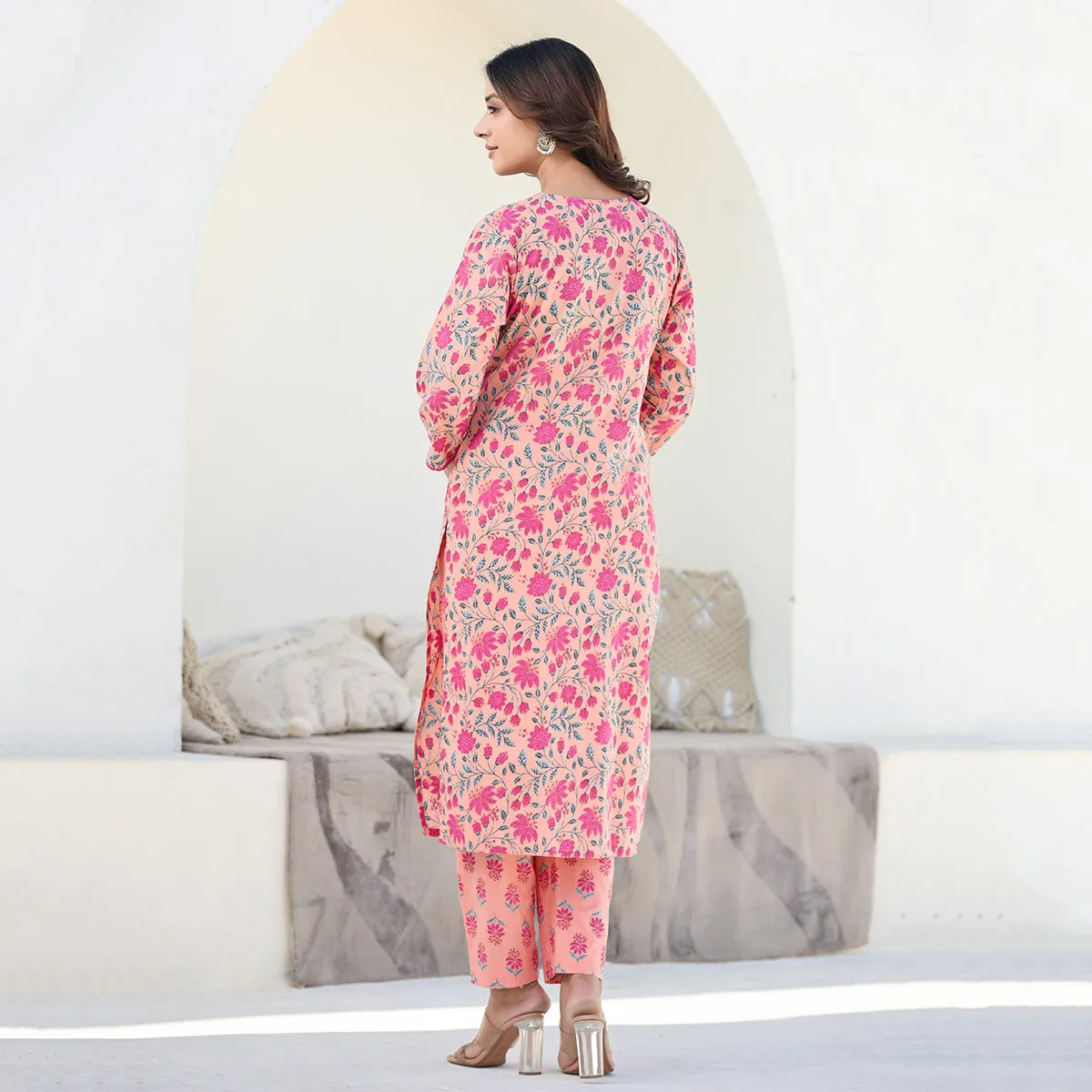 Orange Cotton Straight Suit Set with Dupatta