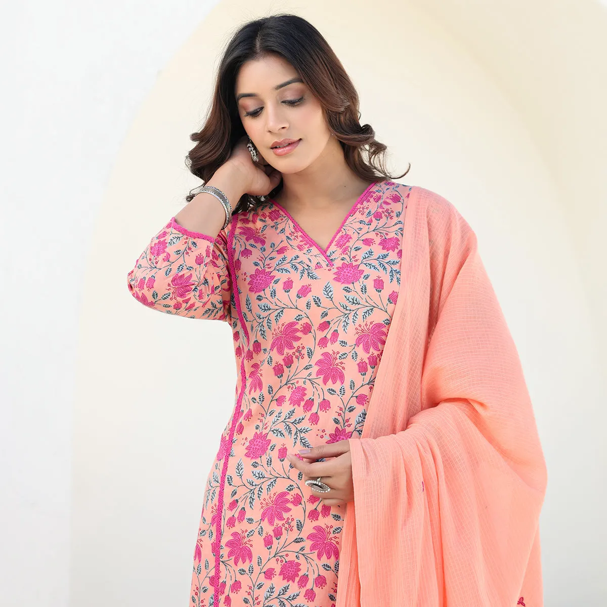 Orange Cotton Straight Suit Set with Dupatta