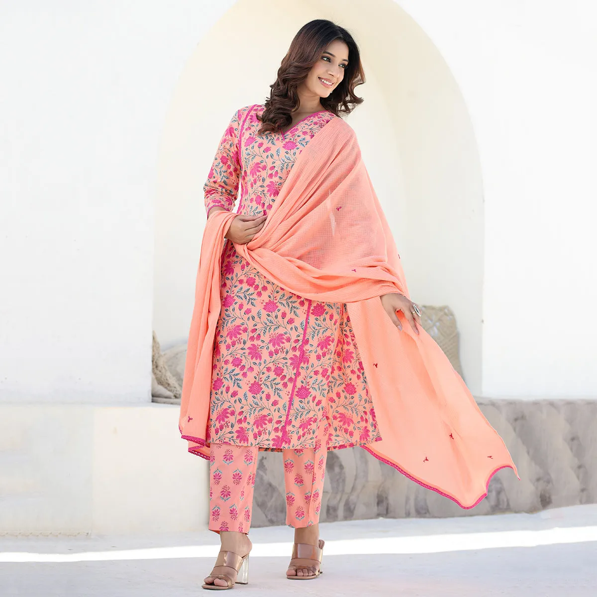Orange Cotton Straight Suit Set with Dupatta