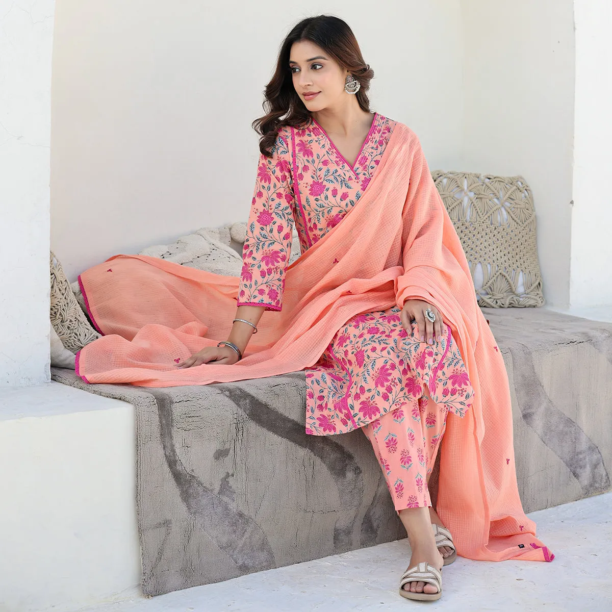 Orange Cotton Straight Suit Set with Dupatta