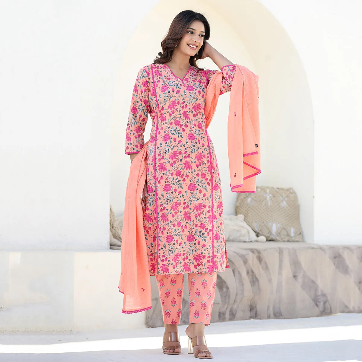 Orange Cotton Straight Suit Set with Dupatta
