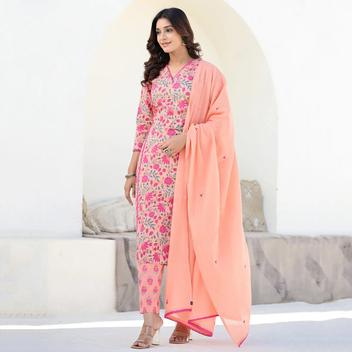 Orange Cotton Straight Suit Set with Dupatta