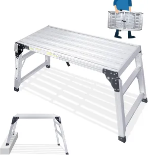 ORIENTOOLS Adjustable Work Platform, (39.4" X 18.5") Portable Folding Aluminum Step Ladder, Scaffolding Platform of Capacity 330 LBS Heavy Duty, 7 Gear Adjustable Height 24 to 35 inches