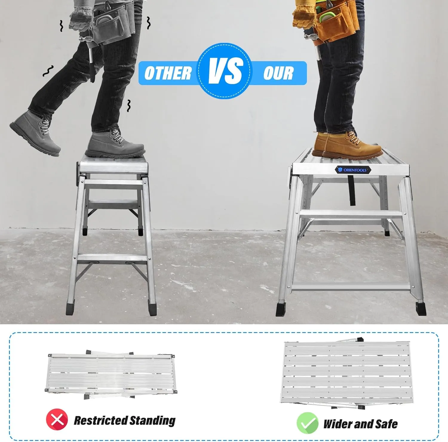 ORIENTOOLS Adjustable Work Platform, (39.4" X 18.5") Portable Folding Aluminum Step Ladder, Scaffolding Platform of Capacity 330 LBS Heavy Duty, 7 Gear Adjustable Height 24 to 35 inches