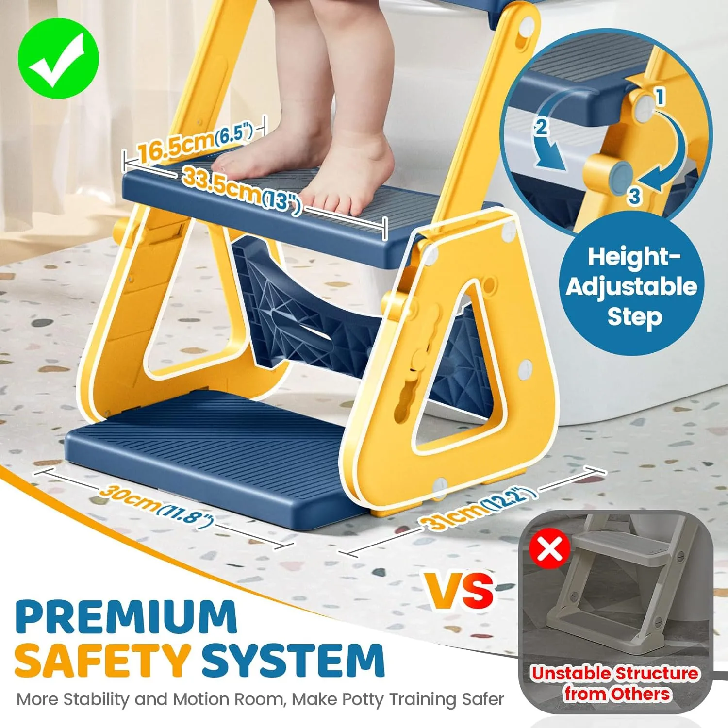 Orzbow 2-in-1 Potty Training Seat with Step Stool, Height Adjustable Toilet Seat for Toddler, Potty Training with Splash Guard for Kids Boys Girls, Stability Ladder and Anti-Slip Pad, Yellow