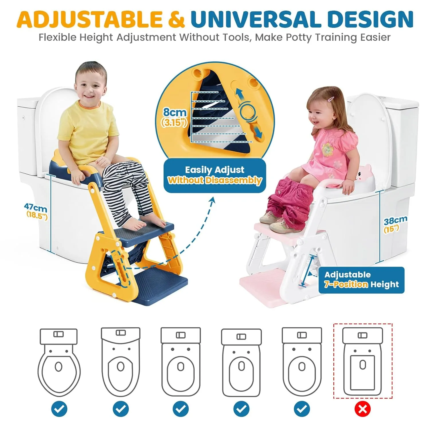 Orzbow 2-in-1 Potty Training Seat with Step Stool, Height Adjustable Toilet Seat for Toddler, Potty Training with Splash Guard for Kids Boys Girls, Stability Ladder and Anti-Slip Pad, Yellow