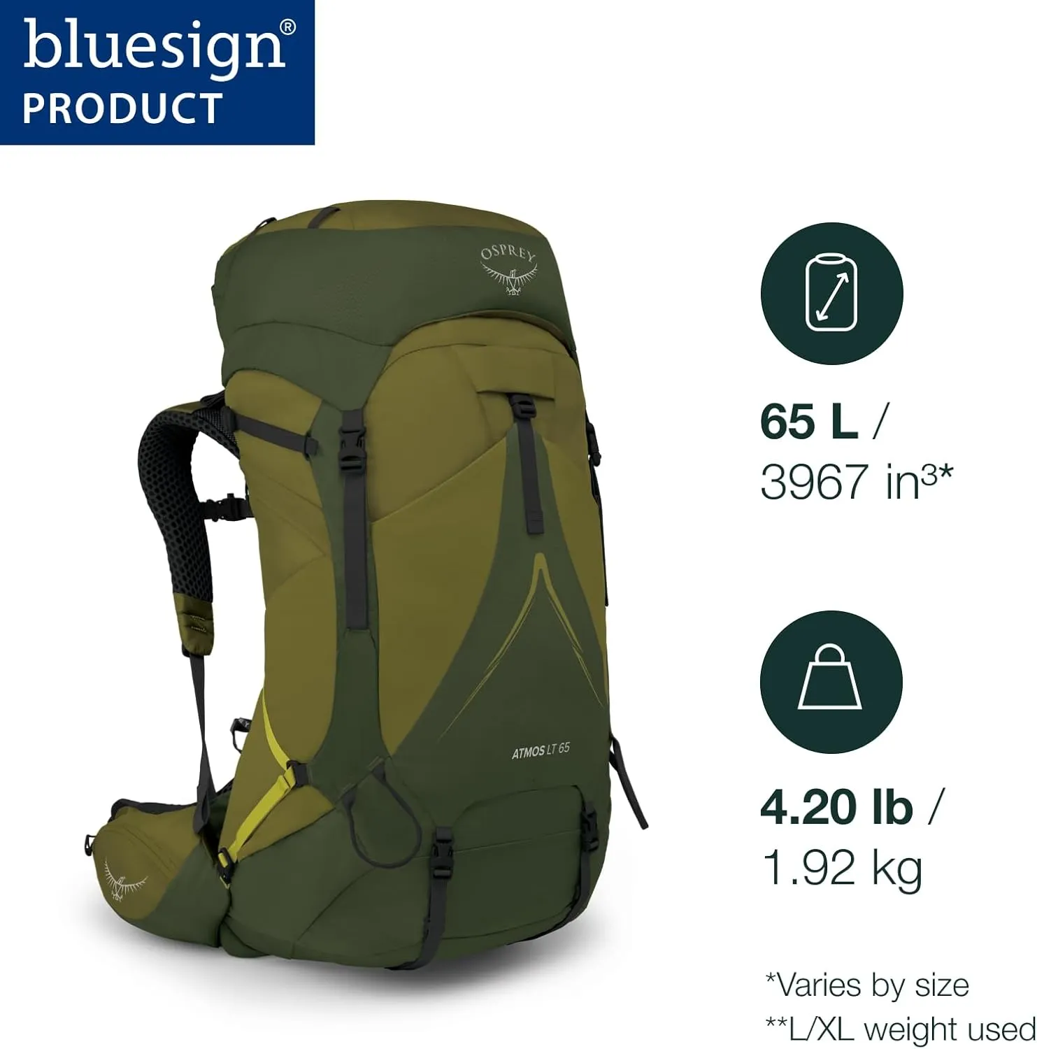 Osprey Atmos AG LT 65L Men's Backpacking Backpack, Scenic Valley/Green Peppercorn, L/XL