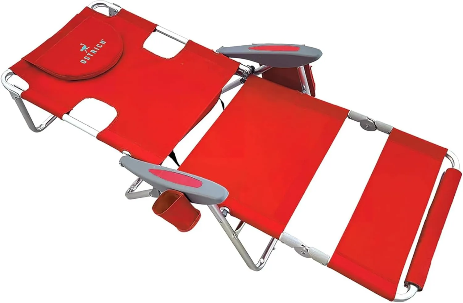 Ostrich Backpack 3N1 Chair - with Cooler Bag, Portable, Reclining Lounger for Tanning - Face Hole for Reading on Stomach, Aluminum (Red)