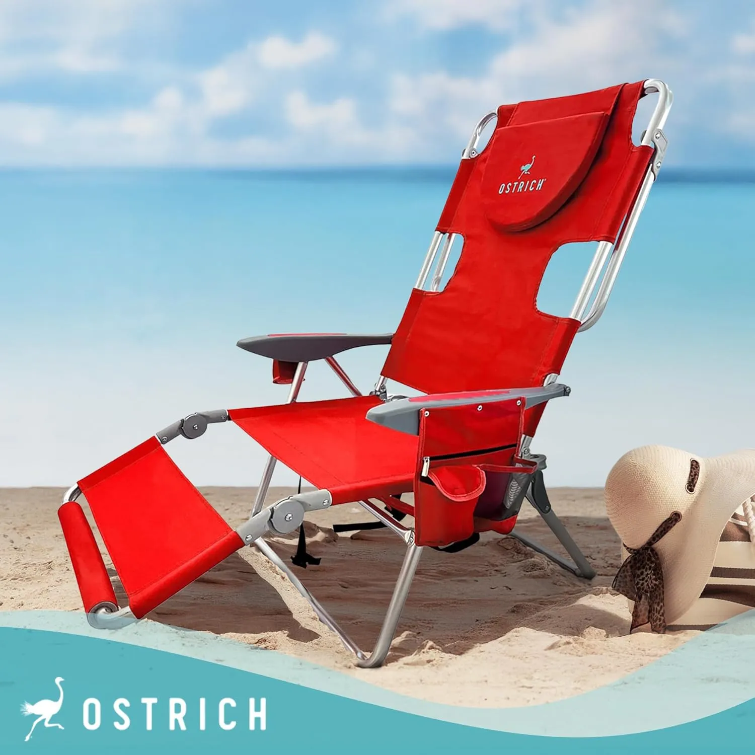 Ostrich Backpack 3N1 Chair - with Cooler Bag, Portable, Reclining Lounger for Tanning - Face Hole for Reading on Stomach, Aluminum (Red)