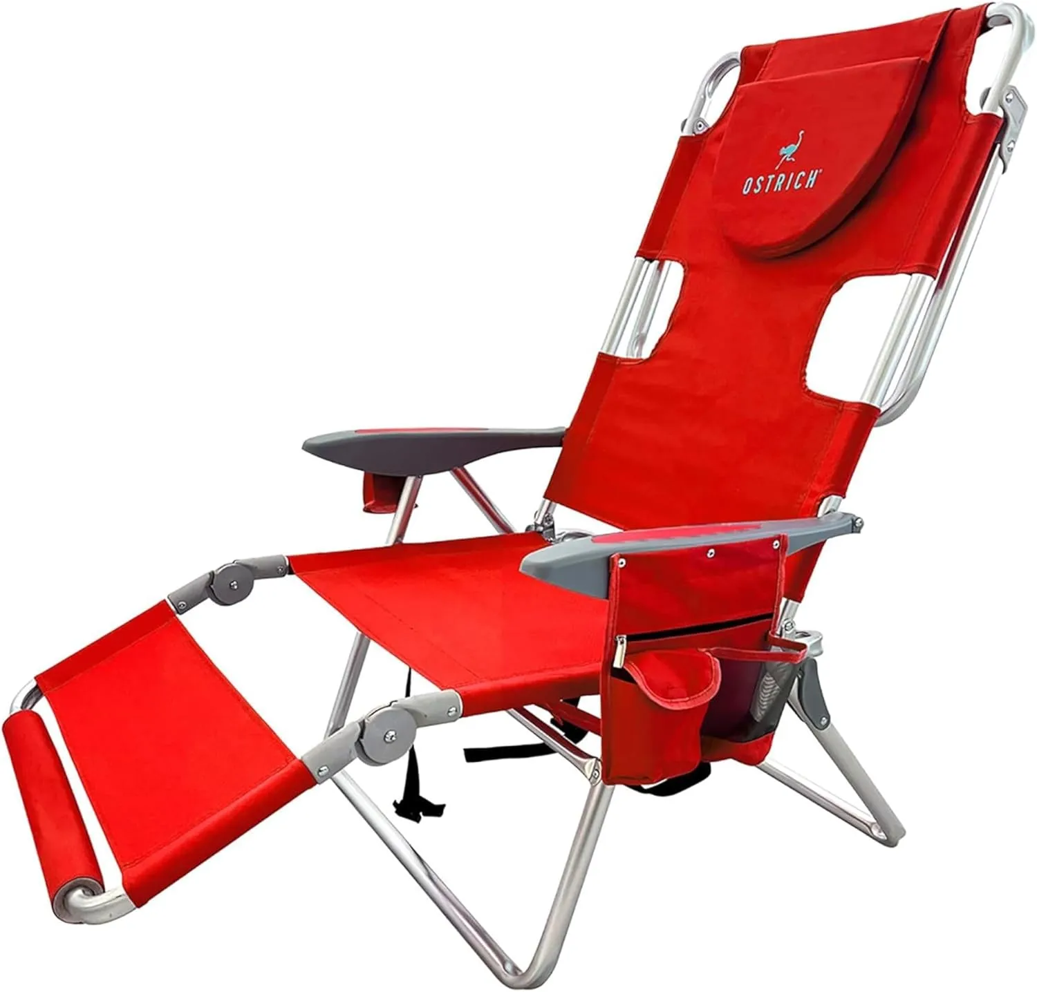 Ostrich Backpack 3N1 Chair - with Cooler Bag, Portable, Reclining Lounger for Tanning - Face Hole for Reading on Stomach, Aluminum (Red)