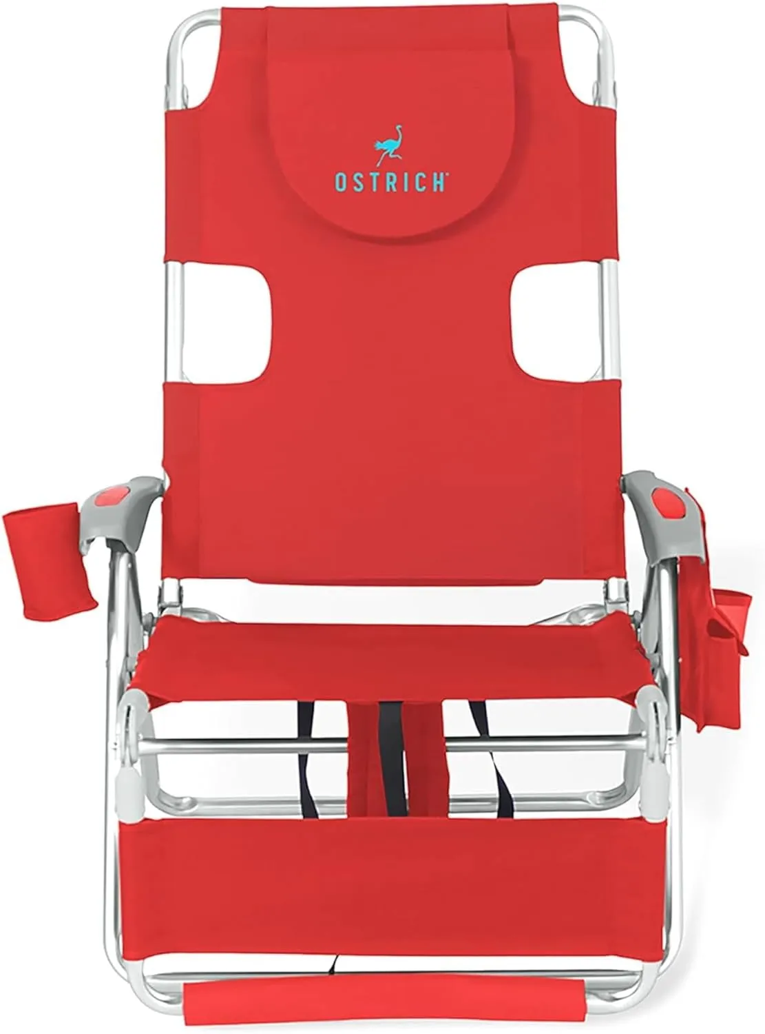 Ostrich Backpack 3N1 Chair - with Cooler Bag, Portable, Reclining Lounger for Tanning - Face Hole for Reading on Stomach, Aluminum (Red)