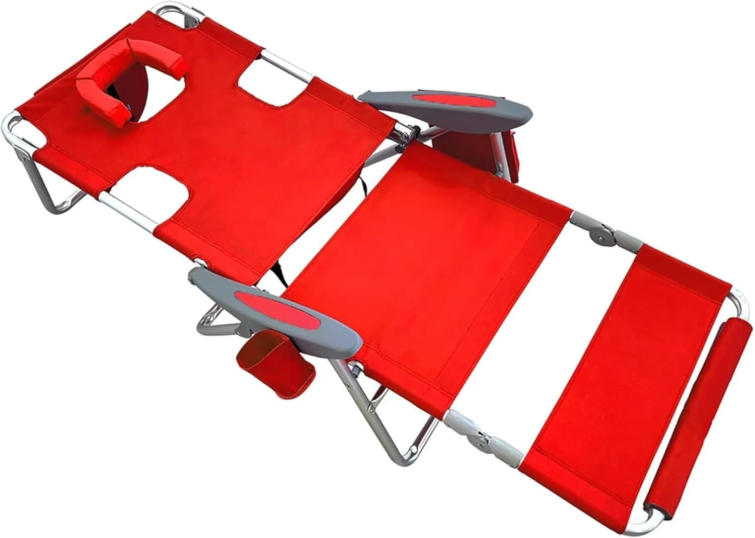 Ostrich Backpack 3N1 Chair - with Cooler Bag, Portable, Reclining Lounger for Tanning - Face Hole for Reading on Stomach, Aluminum (Red)