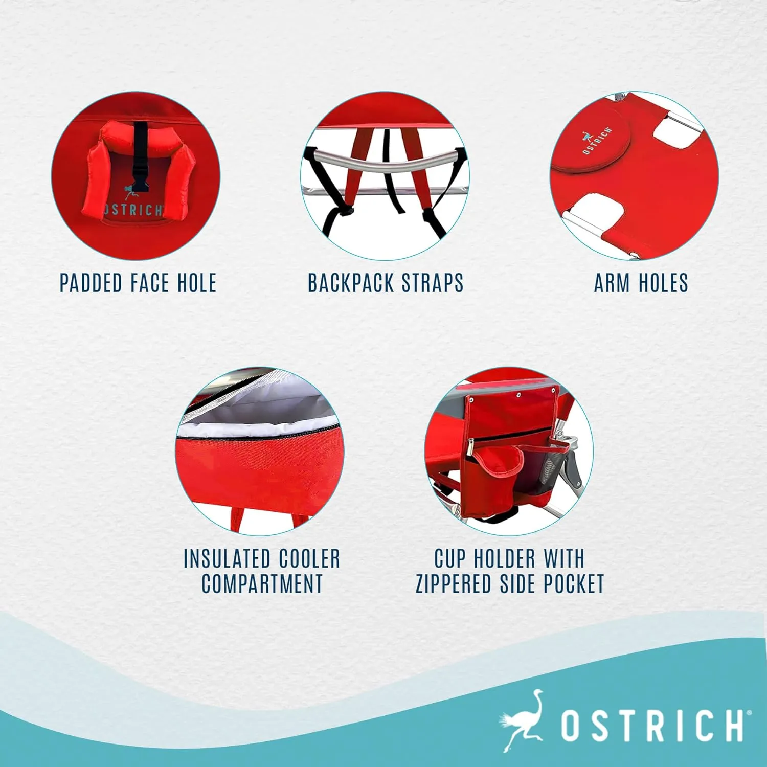 Ostrich Backpack 3N1 Chair - with Cooler Bag, Portable, Reclining Lounger for Tanning - Face Hole for Reading on Stomach, Aluminum (Red)