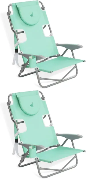 Ostrich Lightweight Portable Outdoor On Your Back Folding Chair for Relaxing with 5 Seat Adjustment Backpack Straps and Cup Holder, Teal (2 Pack)