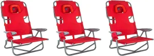 Ostrich On-Your-Back Portable 9.6-Pound Folding Reclining Outdoor Camping Lawn Chair with 5 Adjustable Positions, Red (3 Pack)