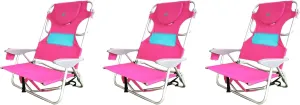 Ostrich Outdoor Beach Ladies Comfort On-Your-Back Adjustable & Portable Beach Chair with Backpack Straps and Cup Holder, Pink (3 Pack)