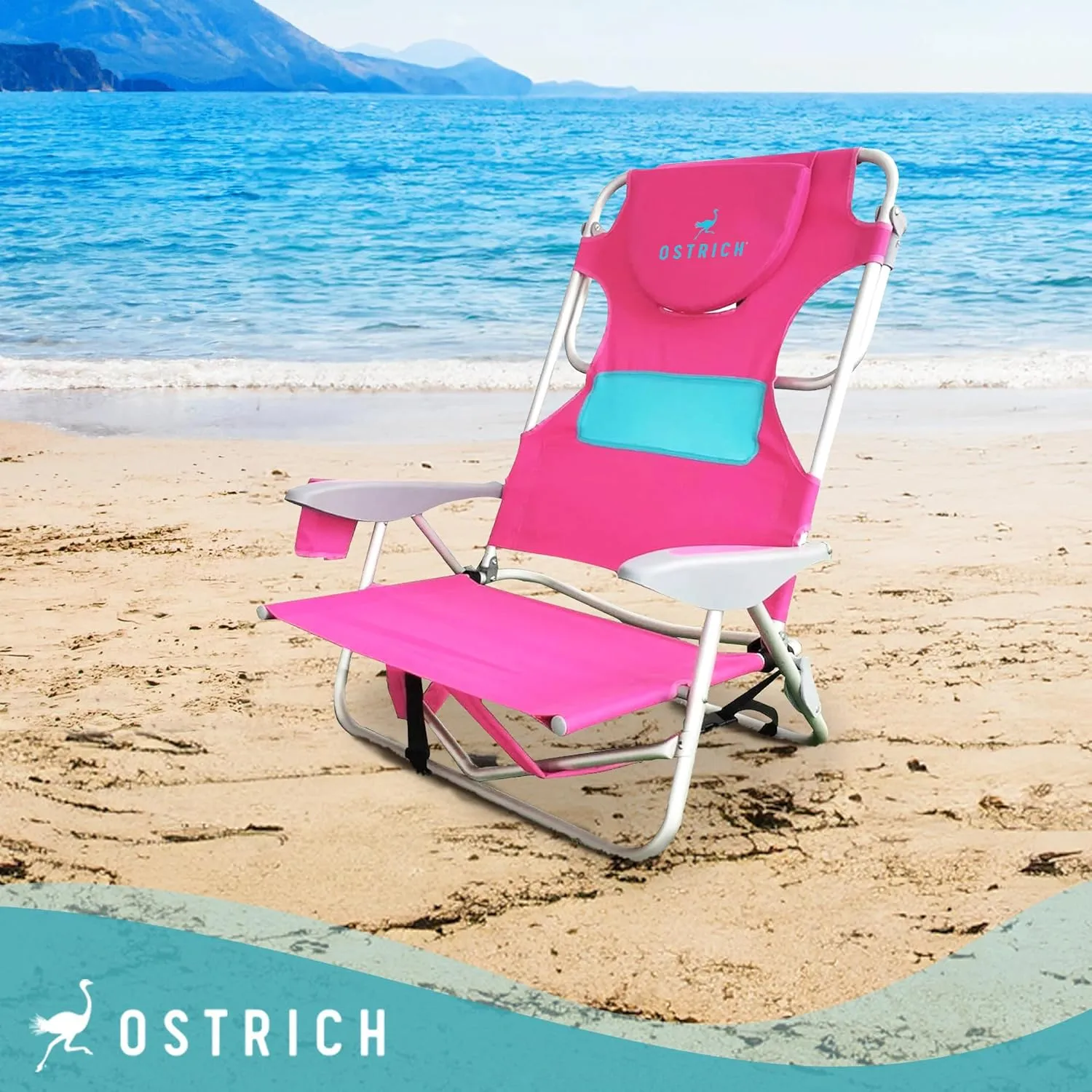 Ostrich Outdoor Beach Ladies Comfort On-Your-Back Adjustable & Portable Beach Chair with Backpack Straps and Cup Holder, Pink (3 Pack)