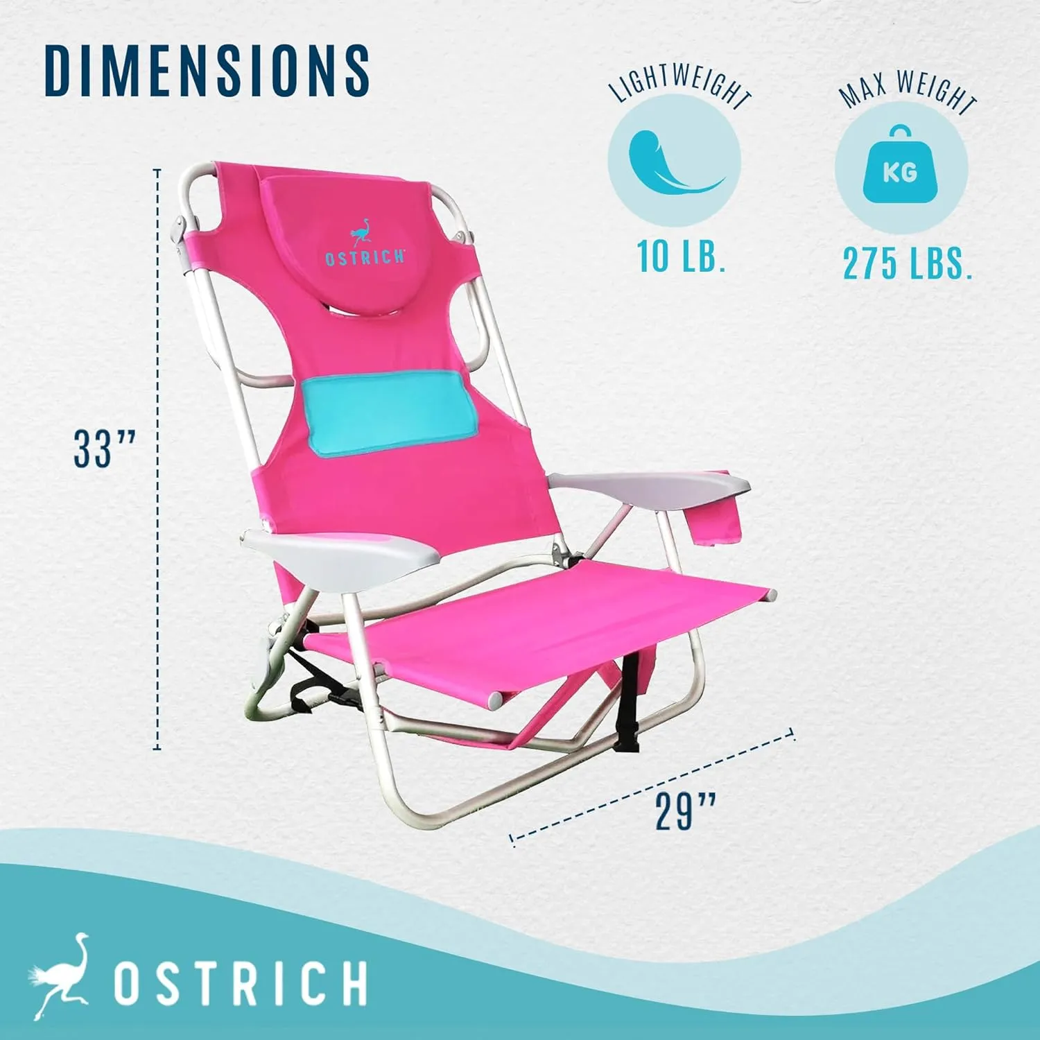 Ostrich Outdoor Beach Ladies Comfort On-Your-Back Adjustable & Portable Beach Chair with Backpack Straps and Cup Holder, Pink (3 Pack)