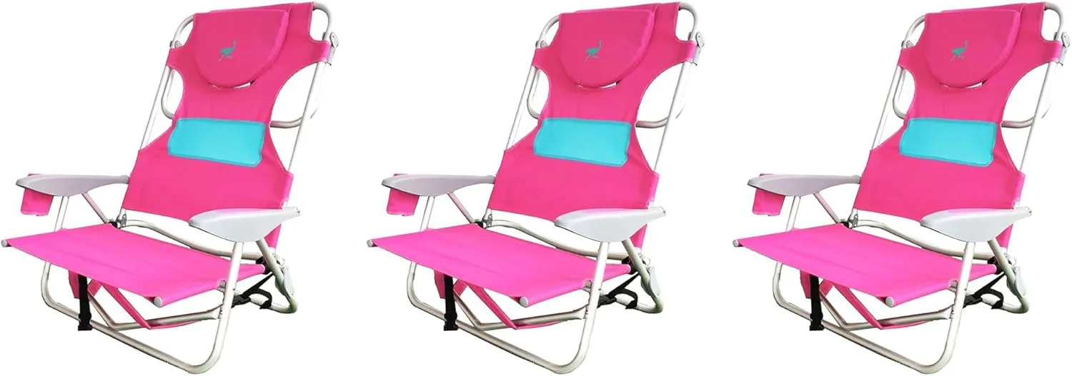 Ostrich Outdoor Beach Ladies Comfort On-Your-Back Adjustable & Portable Beach Chair with Backpack Straps and Cup Holder, Pink (3 Pack)