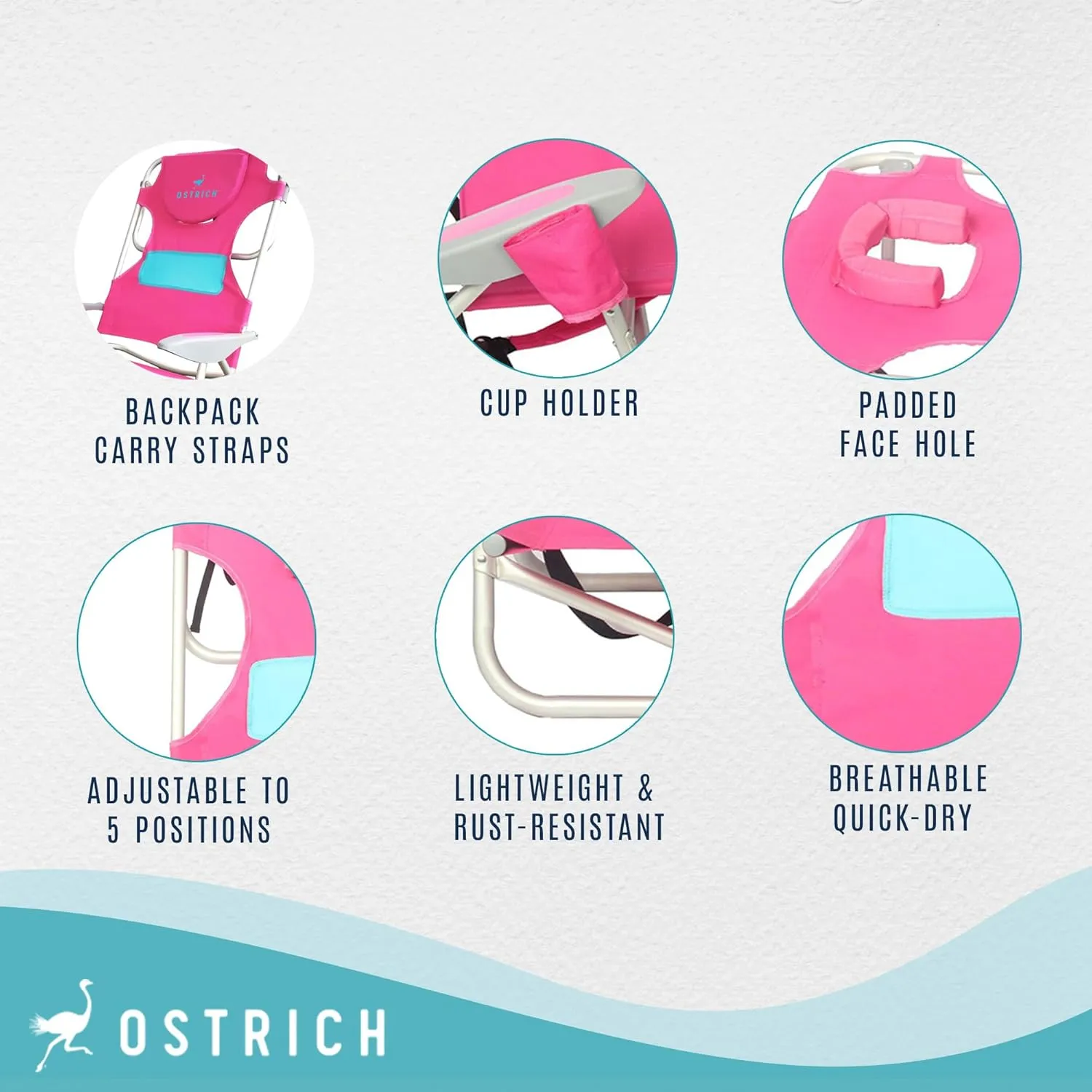 Ostrich Outdoor Beach Ladies Comfort On-Your-Back Adjustable & Portable Beach Chair with Backpack Straps and Cup Holder, Pink (3 Pack)