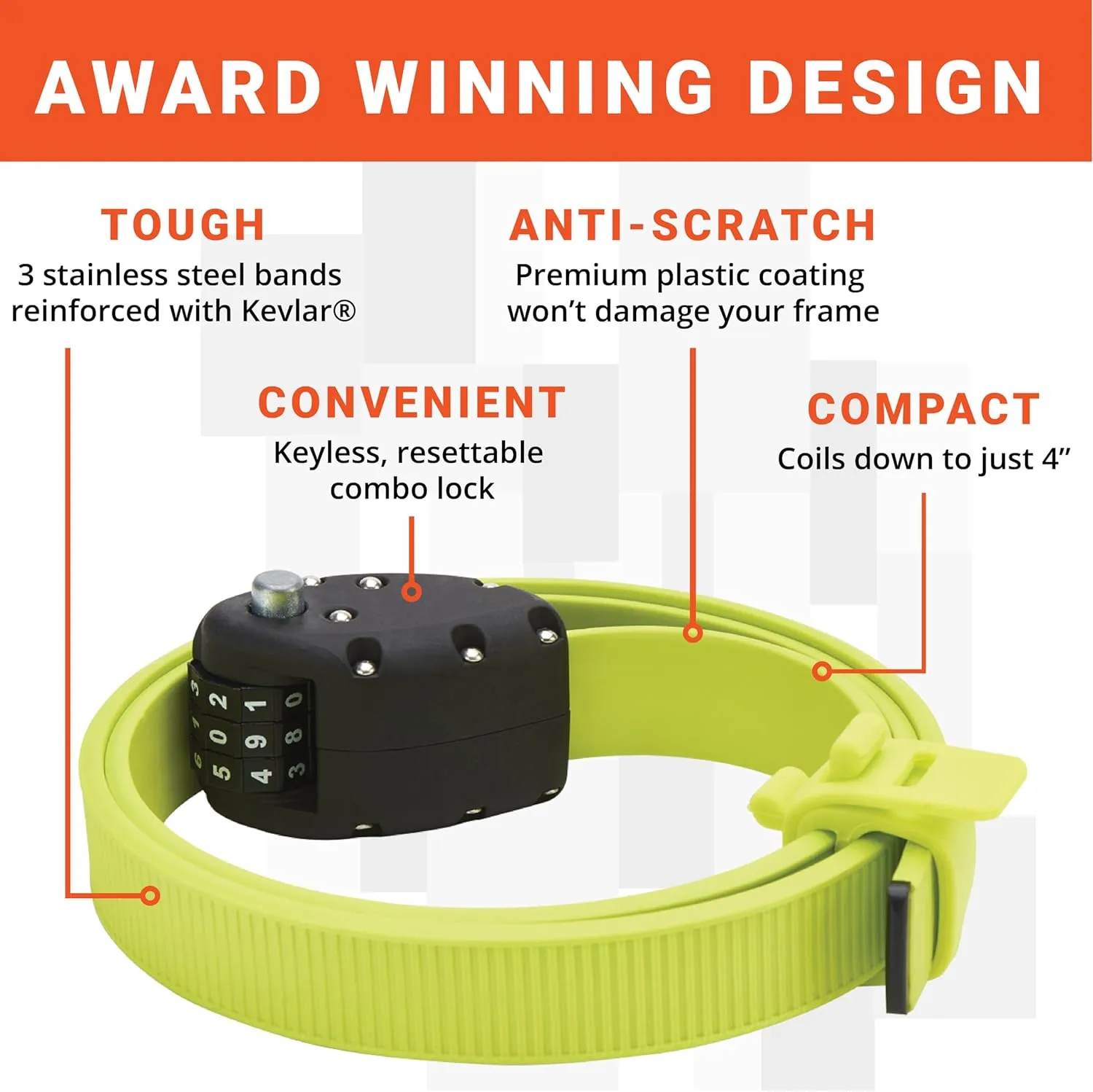 OTTOLOCK Cinch Lock - Lightweight Anti Theft Compact Combination Bike Lock, Ideal for Quick Stops, Bicycle Accessories, Flash Green, 30 Inch