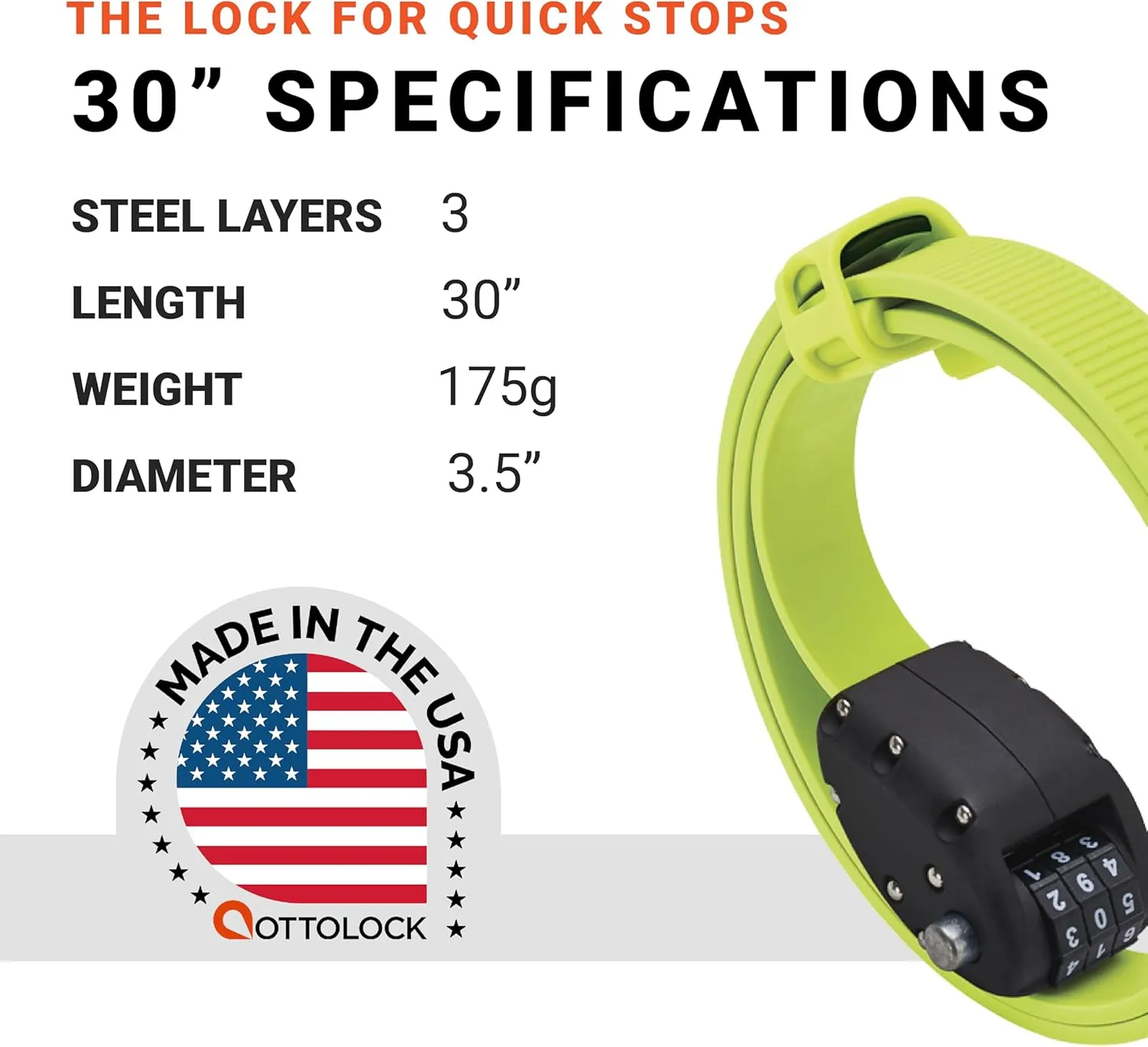 OTTOLOCK Cinch Lock - Lightweight Anti Theft Compact Combination Bike Lock, Ideal for Quick Stops, Bicycle Accessories, Flash Green, 30 Inch
