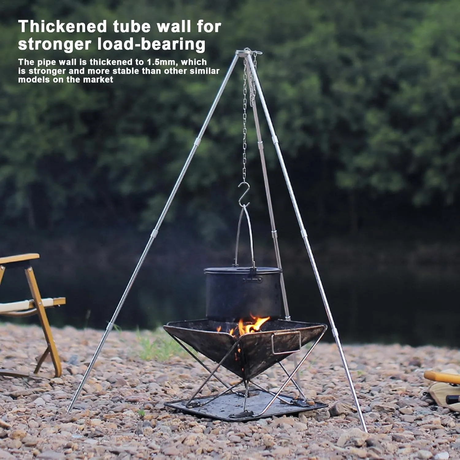 Outdoor Aluminum Alloy Tripod - Campfire Cooking Accessories, Aluminum Alloy, Lightweight, Foldable Survival Gear | Outdoor Camp Tripod with Adjustable Chain, Tripod Cooker for Camping