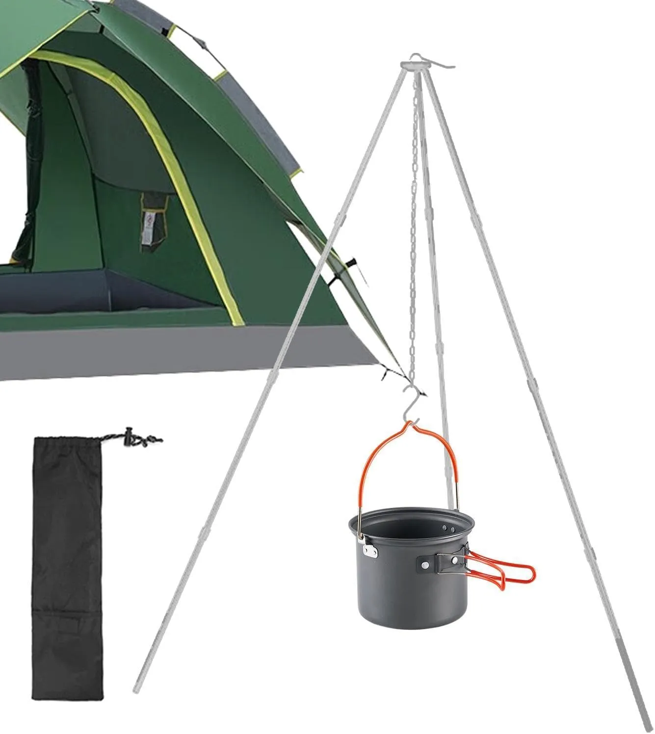 Outdoor Aluminum Alloy Tripod - Campfire Cooking Accessories, Aluminum Alloy, Lightweight, Foldable Survival Gear | Outdoor Camp Tripod with Adjustable Chain, Tripod Cooker for Camping