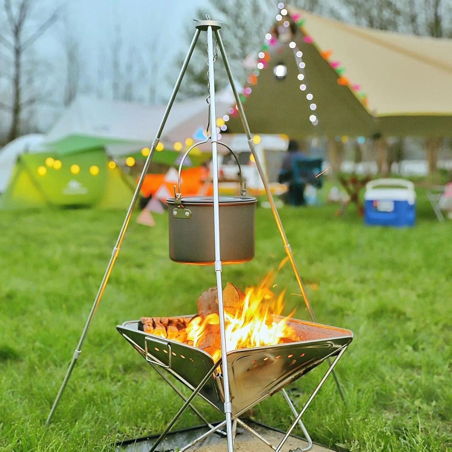 Outdoor Aluminum Alloy Tripod - Campfire Cooking Accessories, Aluminum Alloy, Lightweight, Foldable Survival Gear | Outdoor Camp Tripod with Adjustable Chain, Tripod Cooker for Camping