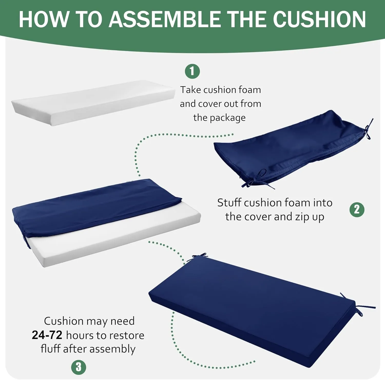 Outdoor Bench Cushion: Waterproof and Fade Resistant Patio Furniture Cushions - Non-Slip Bench Pad Cushion with Removable Cover for Garden Swing Porch Sofa Settee, 48 x 18 x 3 Inch, Navy Blue