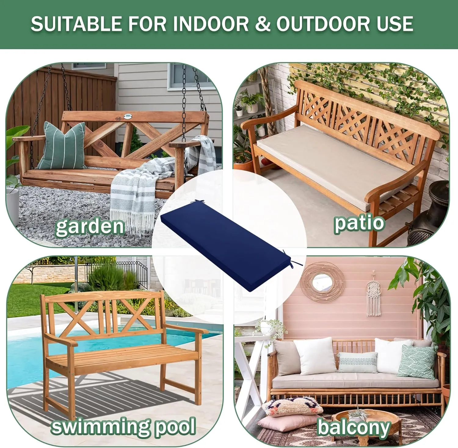 Outdoor Bench Cushion: Waterproof and Fade Resistant Patio Furniture Cushions - Non-Slip Bench Pad Cushion with Removable Cover for Garden Swing Porch Sofa Settee, 48 x 18 x 3 Inch, Navy Blue