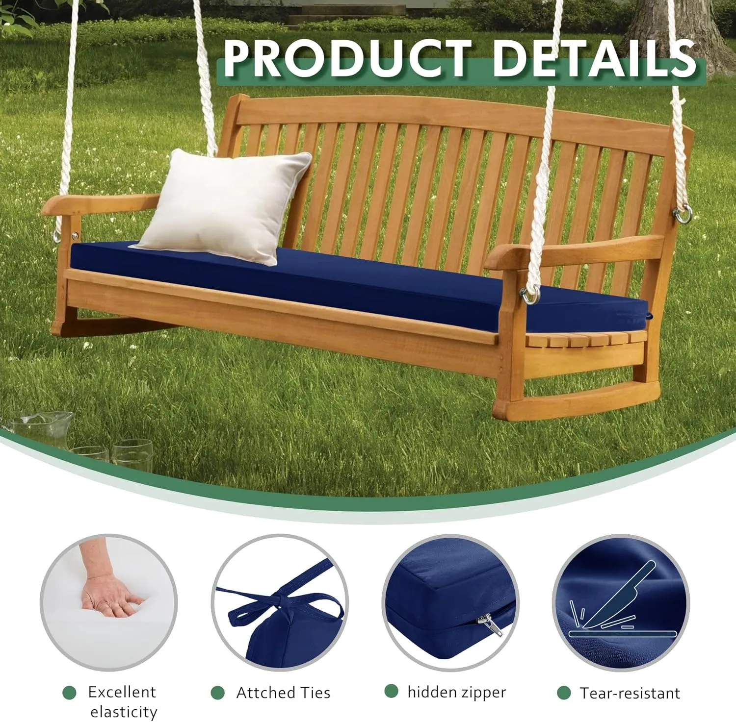 Outdoor Bench Cushion: Waterproof and Fade Resistant Patio Furniture Cushions - Non-Slip Bench Pad Cushion with Removable Cover for Garden Swing Porch Sofa Settee, 48 x 18 x 3 Inch, Navy Blue