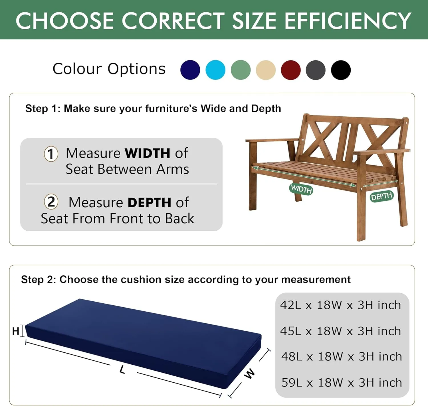 Outdoor Bench Cushion: Waterproof and Fade Resistant Patio Furniture Cushions - Non-Slip Bench Pad Cushion with Removable Cover for Garden Swing Porch Sofa Settee, 48 x 18 x 3 Inch, Navy Blue