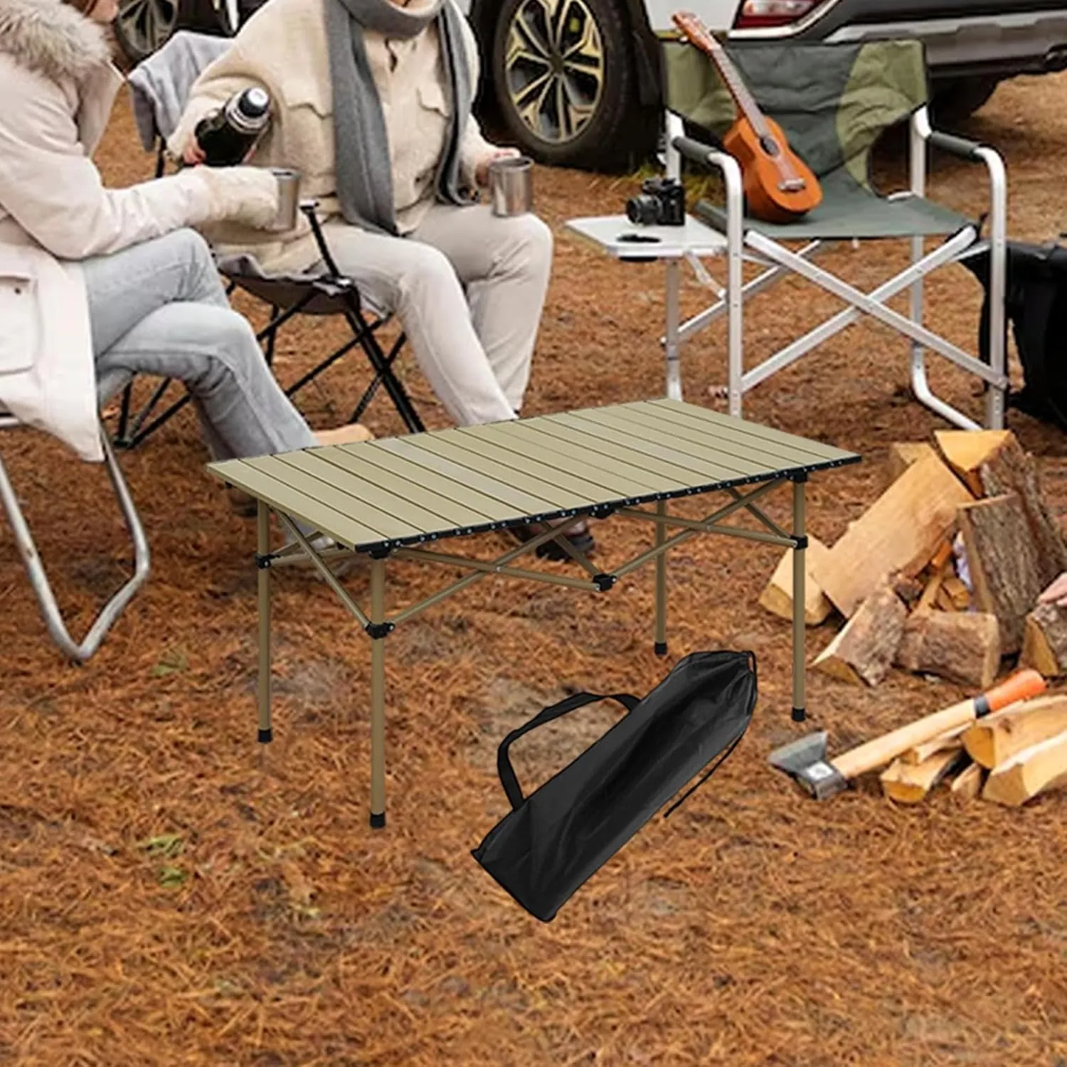 Outdoor Camping Side Table Portable Compact Stable Easy to Set up for 2-4 Persons for Bbqs Outdoor Cooking Camping, Beige