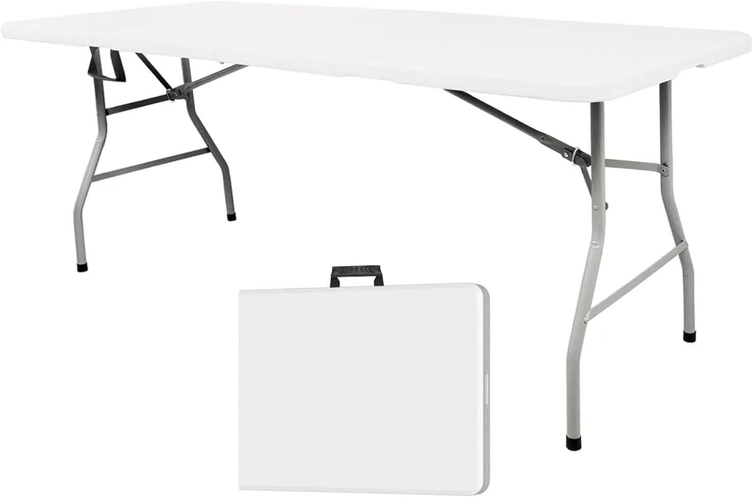 Outdoor Folding Table 6 ft, Portable Outdoor Picnic Table for Camping, Party and Wedding, with Handle and Lock - White