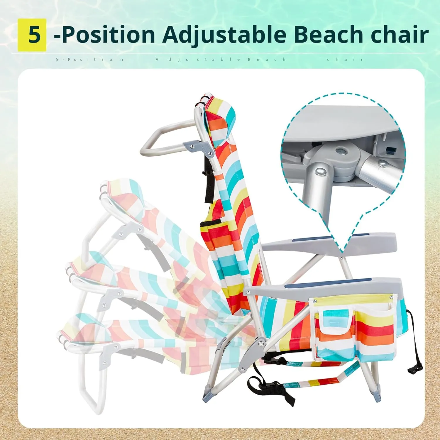 Outvita Backpack Beach Chair, 5 Level Adjustable Positions Beach Chair with Back Storage Bag, Cooler Pouch and Side Bags for Beach Poolside Lawn