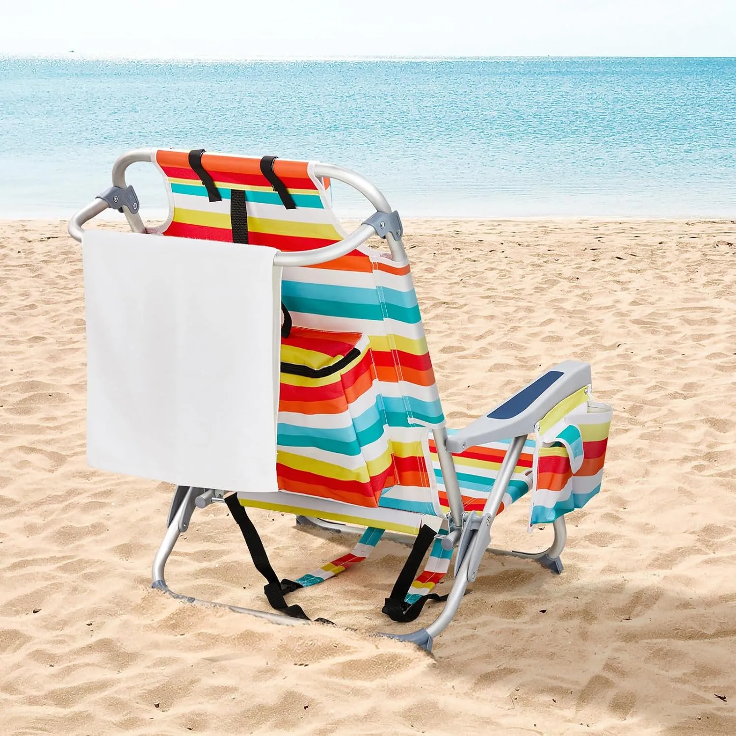 Outvita Backpack Beach Chair, 5 Level Adjustable Positions Beach Chair with Back Storage Bag, Cooler Pouch and Side Bags for Beach Poolside Lawn