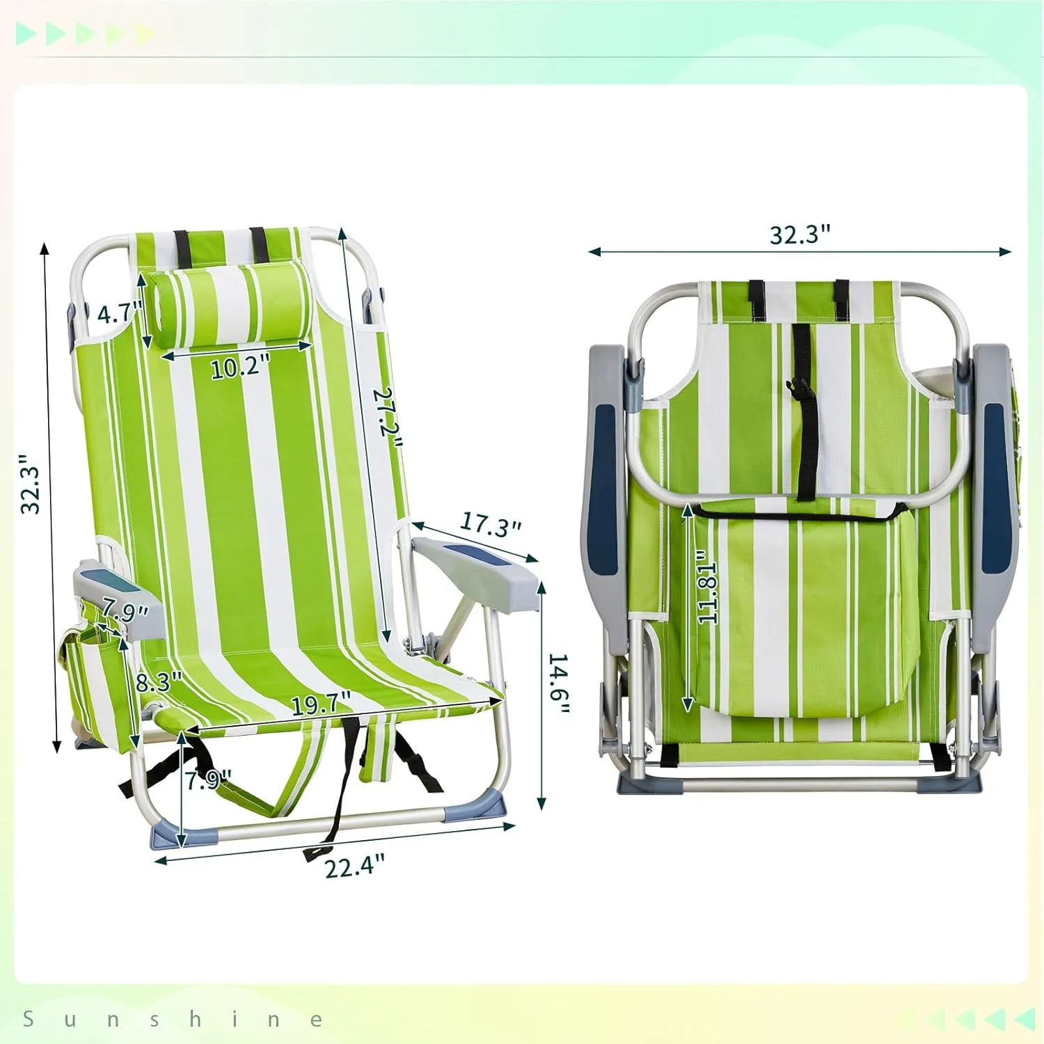 Outvita Backpack Beach Chair, 5 Level Adjustable Positions Beach Chair with Back Storage Bag, Cooler Pouch and Side Bags for Beach Poolside Lawn