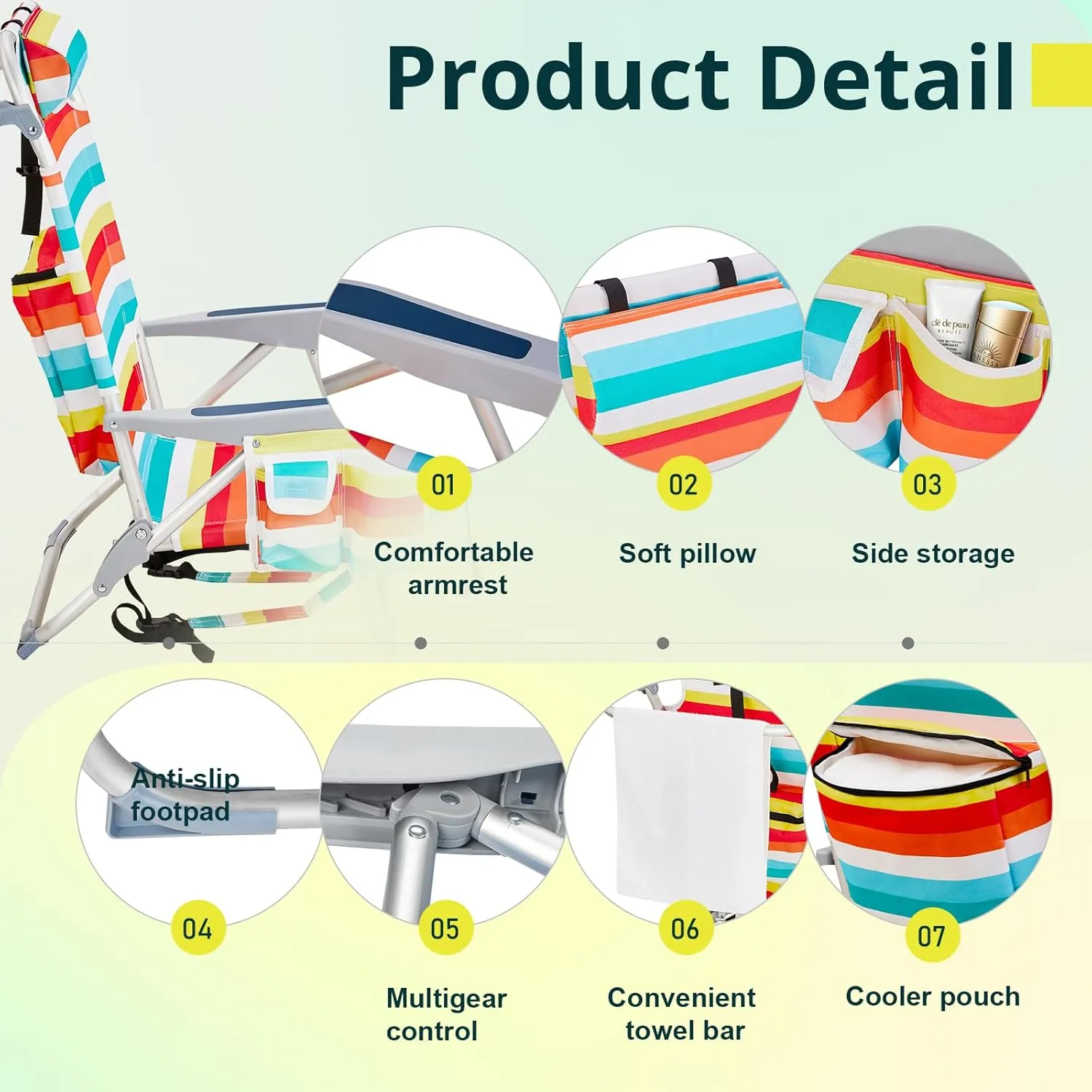 Outvita Backpack Beach Chair, 5 Level Adjustable Positions Beach Chair with Back Storage Bag, Cooler Pouch and Side Bags for Beach Poolside Lawn