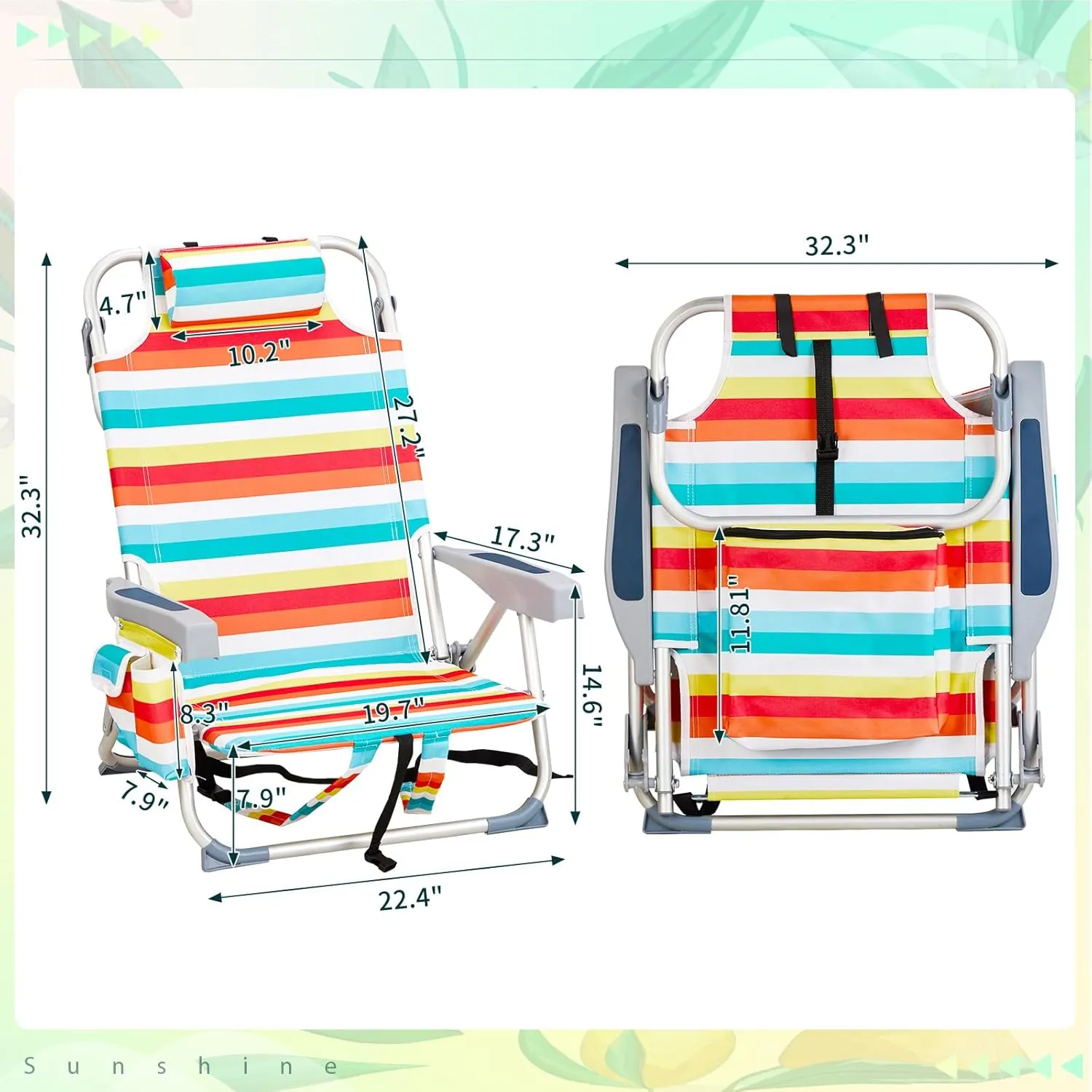 Outvita Backpack Beach Chair, 5 Level Adjustable Positions Beach Chair with Back Storage Bag, Cooler Pouch and Side Bags for Beach Poolside Lawn