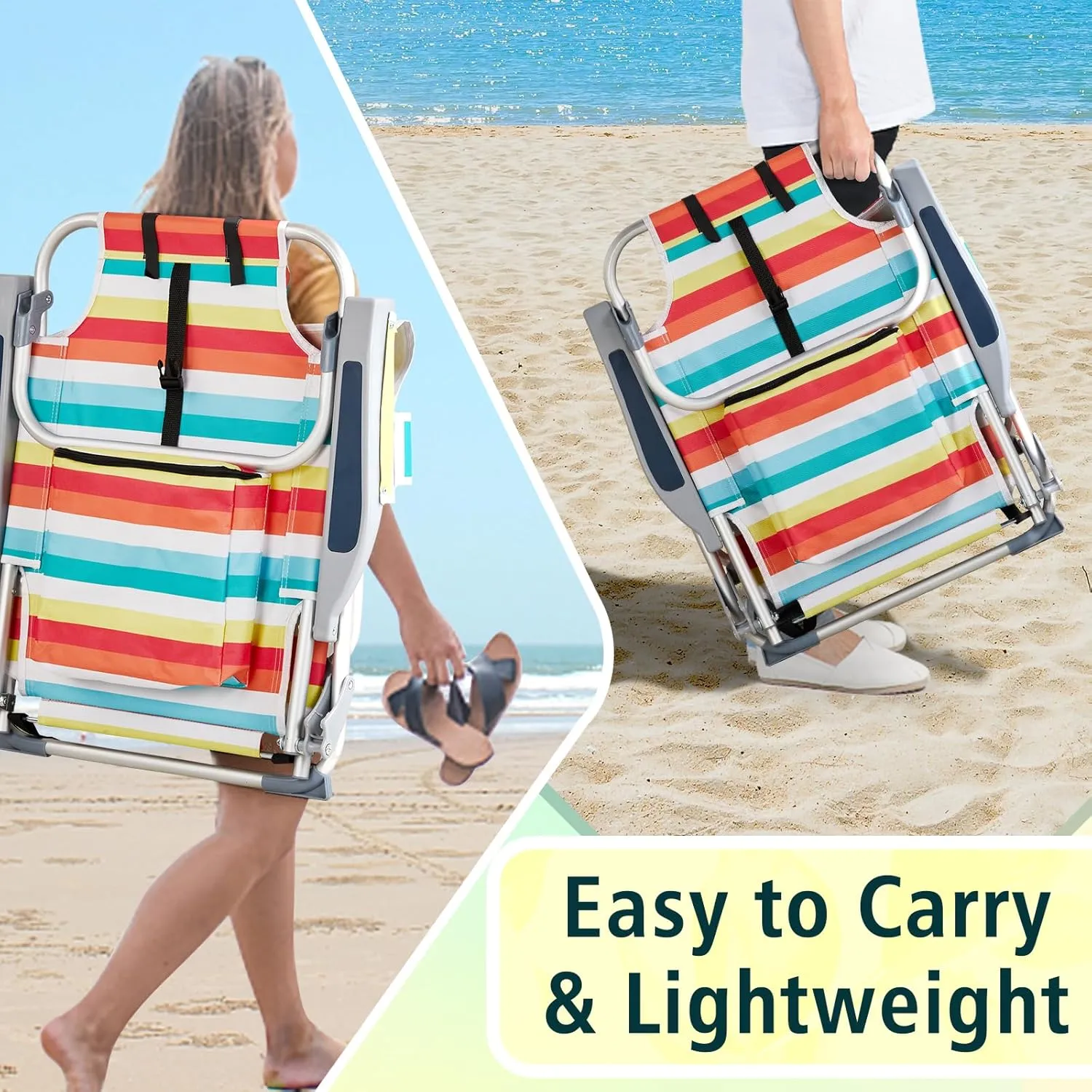 Outvita Backpack Beach Chair, 5 Level Adjustable Positions Beach Chair with Back Storage Bag, Cooler Pouch and Side Bags for Beach Poolside Lawn