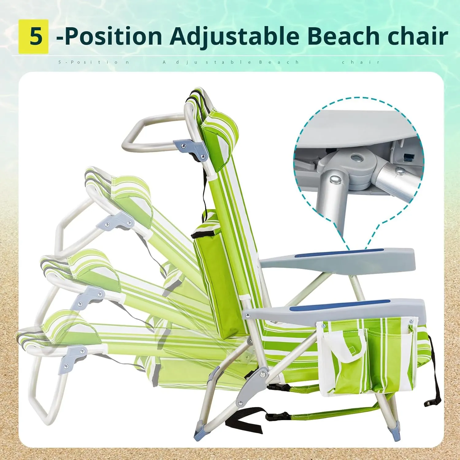 Outvita Backpack Beach Chair, 5 Level Adjustable Positions Beach Chair with Back Storage Bag, Cooler Pouch and Side Bags for Beach Poolside Lawn