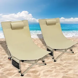 Oversized Backpack Beach Chairs 2 Pack with 4 Position Lay Flat Portable Low Camping Chairs with Headrest&Side Pocket Folding Reclining Chairs for Beach Lawn Outdoor