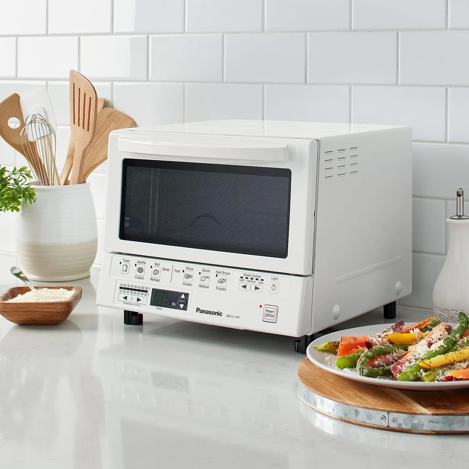 Panasonic FlashXpress Toaster Oven with Double Infrared Heating, 6 Auto Cook Options and Precise Temperature Control, 4-Slice Small Toaster Oven, 1300 Watts - NB-G110-W (White)