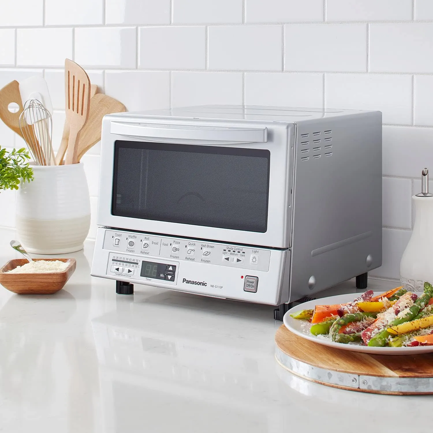 Panasonic FlashXpress Toaster Oven with Double Infrared Heating, 6 Auto Cook Options and Precise Temperature Control, 4-Slice Small Toaster Oven, 1300 Watts - NB-G110P (Silver)