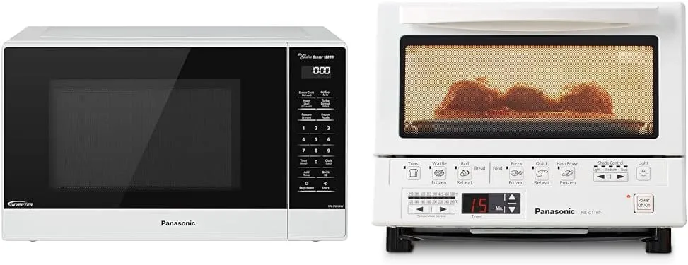Panasonic NN-SN65KW Microwave Oven with Inverter Technology, 1200W, 1.2 cu.ft. & Toaster Oven FlashXpress with Double Infrared Heating and Removable 9-Inch Inner Baking Tray, 1300W, 4-Slice, White